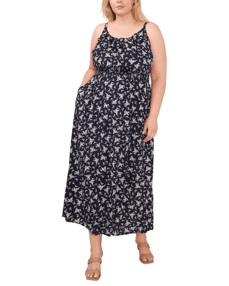 Front of a model wearing a size 0X Mandi Smocked Waist Maxi Dress in SCTTRDBLNY by 1.State. | dia_product_style_image_id:262344